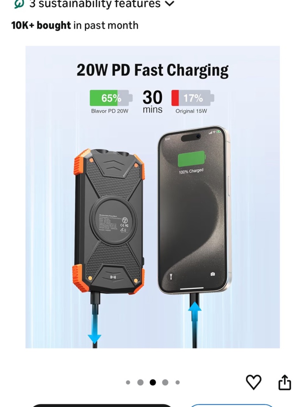Blavor Solar Power Bank with Wireless Charging - Black & Orange NWT - Picture 3 of 10